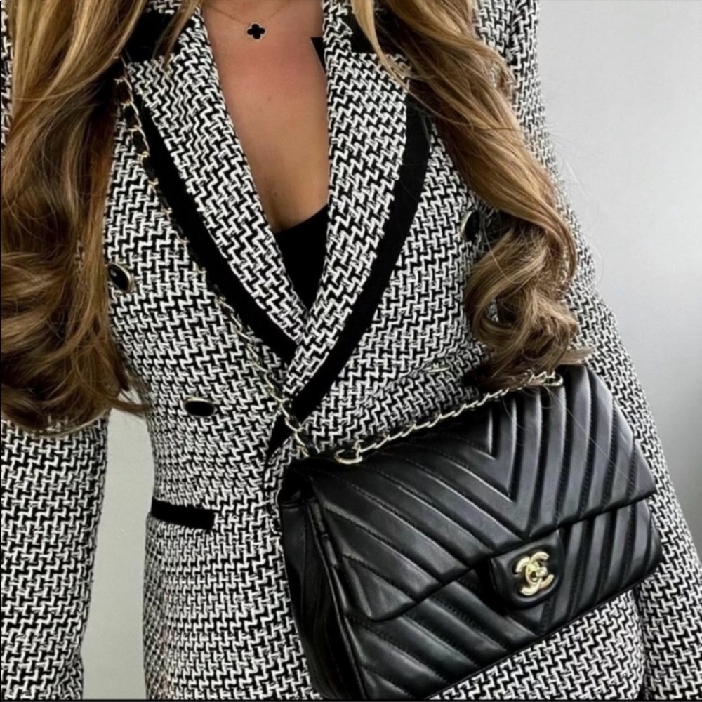 ZARA NWT Blogger Black Double Breasted Tweed Blazer Structured Contrasting Trim